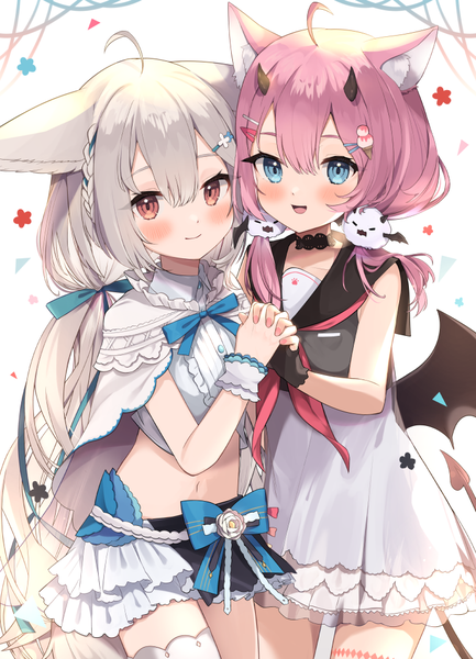 Anime picture 744x1030 with original virtual youtuber indie virtual youtuber sakurada hane sakurada shiro goma (u p) long hair tall image blush fringe open mouth blue eyes smile red eyes standing white background twintails multiple girls animal ears pink hair