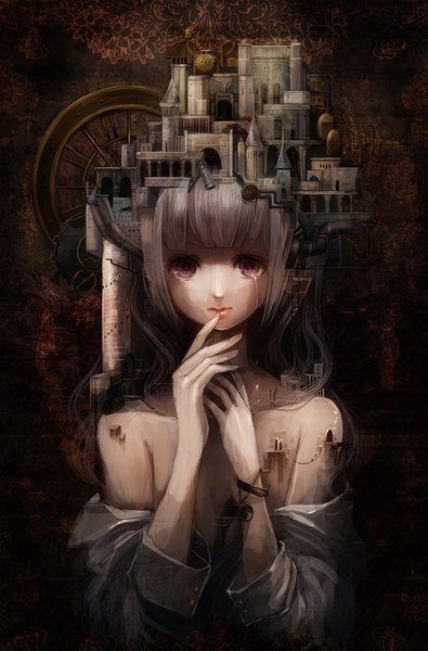 Anime picture 1000x1518 with original aka tonbo (lovetow) single long hair tall image looking at viewer fringe purple eyes bare shoulders silver hair lips tears city finger to mouth sad girl