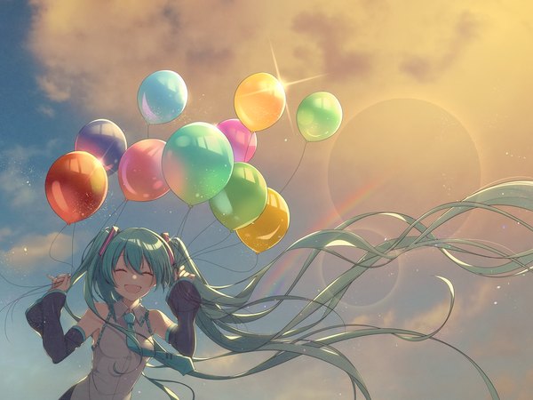 Anime picture 2822x2117 with vocaloid hatsune miku asagao minoru single fringe highres open mouth smile hair between eyes standing twintails bare shoulders holding payot sky cloud (clouds) upper body outdoors eyes closed very long hair