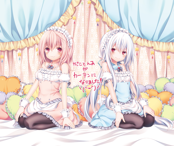 Anime picture 1097x923 with original kasako (kasu) n'a (kasu) komeshiro kasu long hair looking at viewer blush fringe smile hair between eyes red eyes sitting bare shoulders multiple girls payot pink hair bent knee (knees) white hair maid kneeling