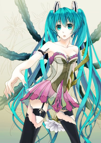 Anime picture 1000x1412 with vocaloid hatsune miku more (vitalia) single tall image twintails very long hair aqua eyes aqua hair girl thighhighs dress flower (flowers) black thighhighs