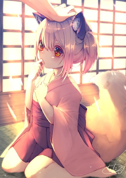 Anime-Bild 1417x2000 mit original chita (ketchup) tall image blush fringe short hair blonde hair hair between eyes sitting twintails animal ears payot looking away full body indoors tail traditional clothes japanese clothes animal tail wide sleeves
