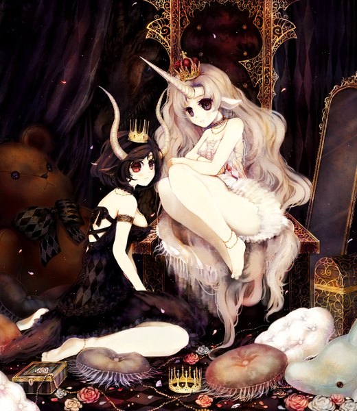 Anime picture 1084x1249 with original manbou no suiso long hair tall image short hair blonde hair red eyes brown hair sitting purple eyes bare shoulders multiple girls animal ears bent knee (knees) very long hair looking back barefoot horn (horns) light smile bare legs