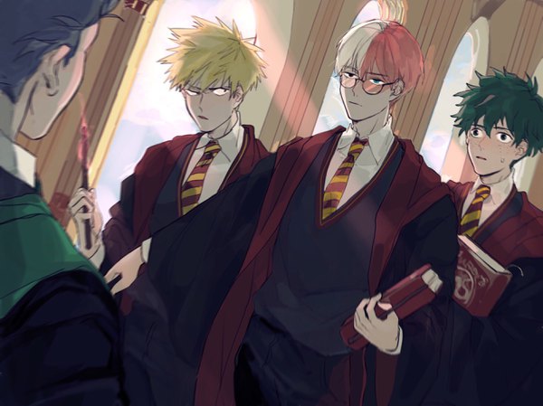 Anime picture 2732x2048 with boku no hero academia harry potter studio bones todoroki shouto midoriya izuku bakugou katsuki shinsou hitoshi imtangsun fringe highres short hair blue eyes blonde hair standing holding green eyes looking away purple hair white hair red hair