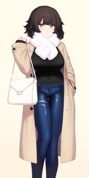 Anime picture 700x1400 with original dev (dev0614) single tall image looking at viewer fringe short hair breasts black hair large breasts standing holding brown eyes long sleeves open clothes torn clothes sleeves past wrists hand in pocket :< denim