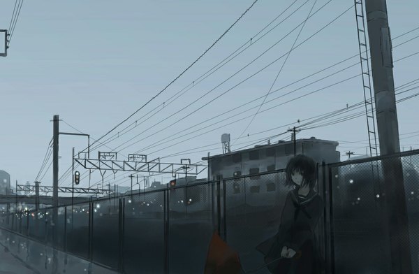 Anime picture 1055x691 with original hanno single short hair black hair sky black eyes city girl serafuku umbrella wire (wires) power lines traffic lights