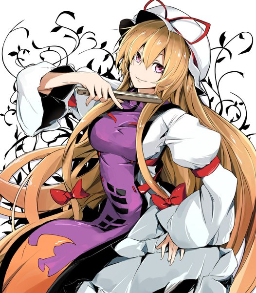 Anime picture 800x912 with touhou yakumo yukari toromera single long hair tall image looking at viewer fringe breasts brown hair white background pink eyes light smile hand on hip arched back girl dress bonnet closed fan