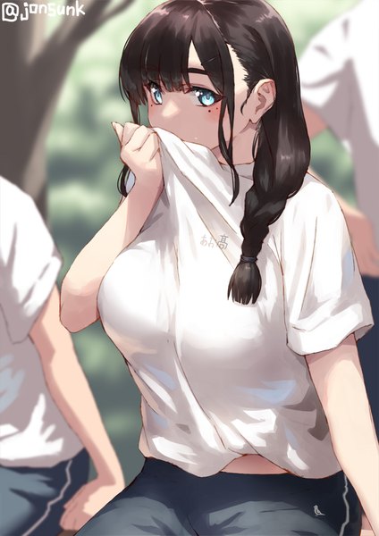 Anime picture 800x1131 with original tamami (jonsun) jonsun long hair tall image looking at viewer blush fringe breasts blue eyes brown hair large breasts signed payot blunt bangs braid (braids) fingernails sunlight blurry mole