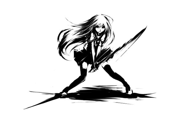 Anime picture 1280x800 with shakugan no shana j.c. staff shana single long hair looking at viewer fringe simple background wide image white background monochrome girl thighhighs skirt uniform bow weapon sword serafuku bowtie