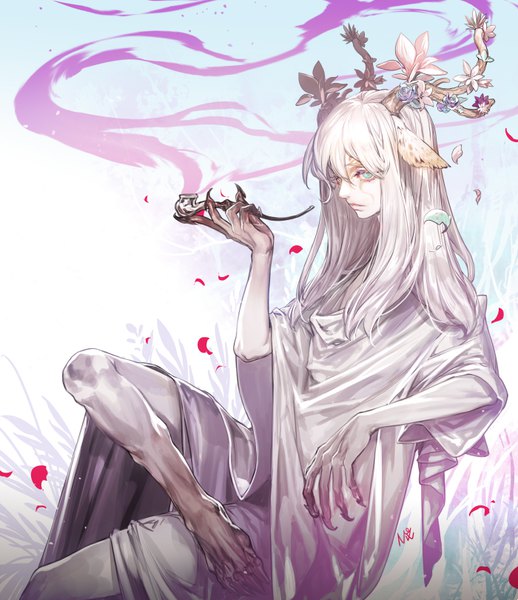 Anime-Bild 700x810 mit original oollnoxlloo single long hair tall image fringe hair between eyes sitting holding animal ears looking away white hair head tilt arm up horn (horns) lips smoke pale skin boy flower (flowers)