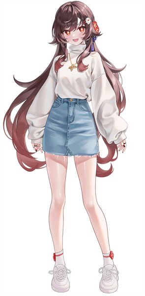 Anime picture 1008x2048 with genshin impact hu tao (genshin impact) myless single long hair tall image looking at viewer open mouth simple background red eyes brown hair standing white background twintails full body nail polish :d alternate costume low twintails symbol-shaped pupils