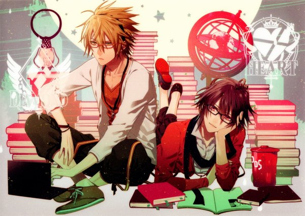 Anime picture 2026x1433 with amnesia idea factory shin (amnesia) toma (amnesia) hanamura mai looking at viewer highres short hair blonde hair red eyes brown hair sitting yellow eyes looking away lying scan multiple boys on stomach boy glasses