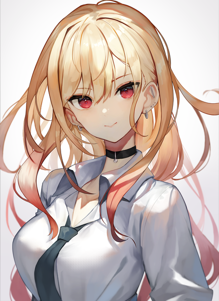 Anime picture 1821x2500 with sono bisque doll wa koi wo suru cloverworks kitagawa marin scottie (phantom2) single long hair tall image looking at viewer fringe highres simple background blonde hair smile hair between eyes red eyes white background upper body piercing ear piercing open collar