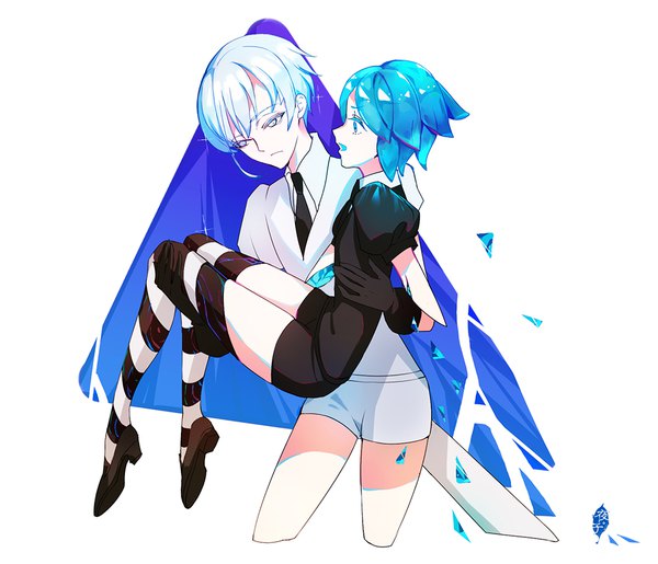 Anime picture 1000x859 with houseki no kuni phosphophyllite antarcticite bamboocm short hair white background silver hair profile aqua eyes aqua hair puffy sleeves androgynous white eyes spoilers carrying princess carry amputee gloves uniform black gloves