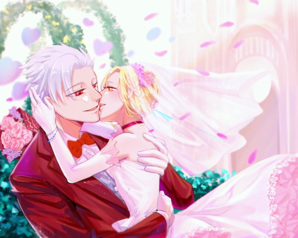 Anime picture 1300x1040 with nanatsu no taizai a-1 pictures ban (nanatsu no taizai) elaine (nanatsu no taizai) dmooo blush short hair open mouth blonde hair smile red eyes standing bare shoulders yellow eyes sky silver hair upper body outdoors profile hair flower
