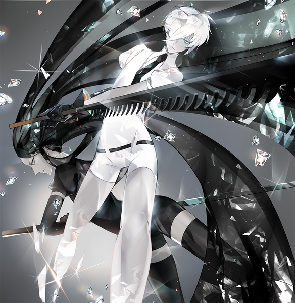 Anime picture 1200x1233 with houseki no kuni bort antarcticite s (olath) tall image fringe short hair black hair simple background standing holding looking away silver hair very long hair profile hair over one eye grey background puffy sleeves floating hair silver eyes