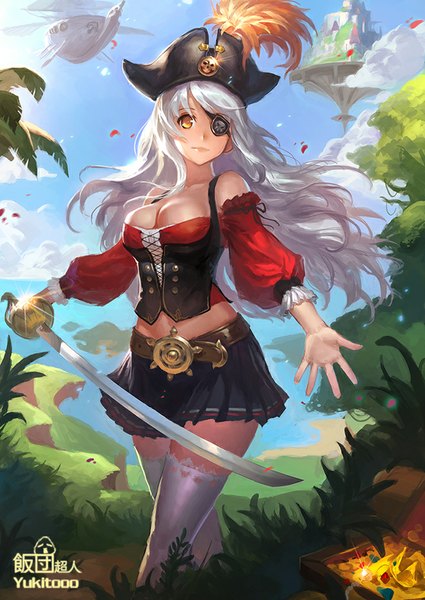 Anime picture 662x935 with original yukitooo long hair tall image fringe breasts light erotic large breasts standing yellow eyes white hair pleated skirt light smile from above flying shiny pirate floating island girl thighhighs