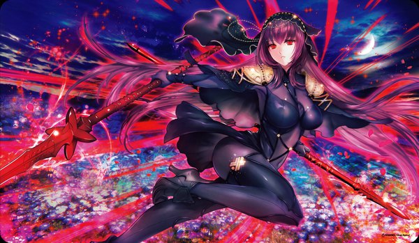 Anime picture 1701x992 with fate (series) fate/grand order scathach (fate) (all) scathach (fate) ringoen single long hair looking at viewer fringe highres breasts light erotic hair between eyes red eyes wide image standing holding signed purple hair cloud (clouds)