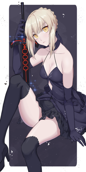 Anime picture 1100x2200 with fate (series) fate/grand order artoria pendragon (all) saber alter qb 516 single tall image looking at viewer short hair breasts light erotic blonde hair sitting bare shoulders yellow eyes payot cleavage head tilt sparkle high heels
