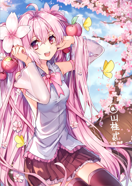 Anime picture 621x878 with vocaloid hatsune miku sakura miku shanguier single tall image looking at viewer fringe open mouth hair between eyes pink hair sky ahoge very long hair :d pink eyes hair flower sparkle adjusting hair tree sitting