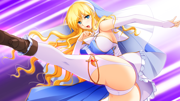 Anime picture 1280x720 with gakuen taima! holy x moly (game) long hair open mouth blue eyes light erotic blonde hair wide image game cg girl thighhighs underwear panties white thighhighs