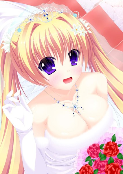Anime picture 1002x1416 with original yunagi amane single long hair tall image breasts open mouth light erotic blonde hair purple eyes twintails girl dress gloves flower (flowers) elbow gloves pendant tiara wedding dress