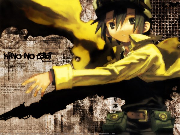 Anime picture 1600x1200 with kino no tabi kino (kino no tabi) kuroboshi kouhaku oracleangel single looking at viewer fringe short hair hair between eyes signed upper body copyright name text outstretched arm english third-party edit girl belt helmet fanny pack