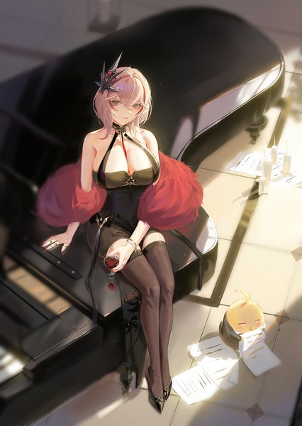Anime picture 1100x1551 with azur lane manjuu (azur lane) roon (azur lane) roon (viridescent lullaby) (azur lane) dongfangzhong111 single tall image looking at viewer fringe short hair breasts light erotic blonde hair hair between eyes large breasts sitting holding brown eyes cleavage full body