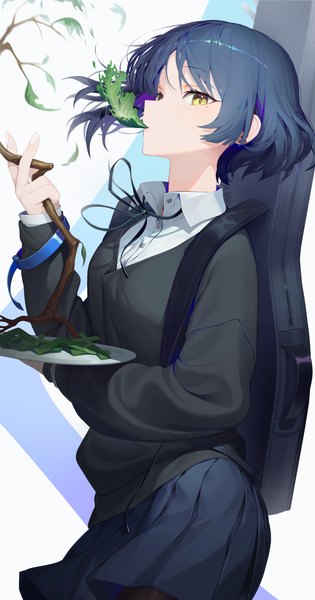 Anime picture 2000x3809 with bocchi the rock! cloverworks yamada ryou mincho single tall image highres short hair holding yellow eyes blue hair mole mole under eye mouth hold girl uniform plant (plants) school uniform grass branch