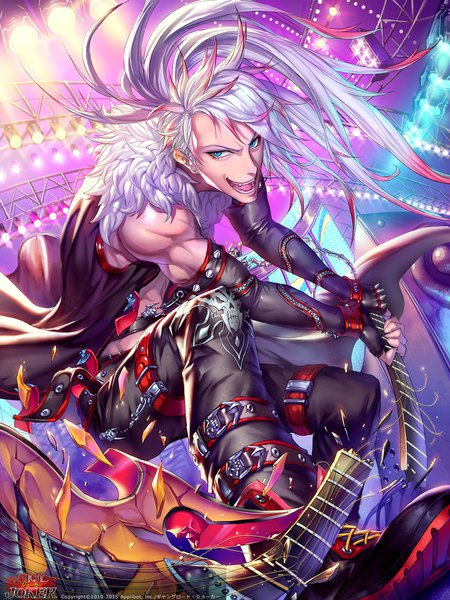 Anime picture 1500x2000 with joker ~gang road~ ozma (ozmakku) single long hair tall image fringe open mouth blue eyes smile holding looking away bent knee (knees) white hair ponytail multicolored hair open clothes teeth fang (fangs) fur trim copyright name