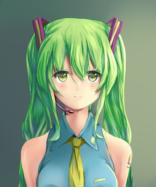 Anime picture 1333x1600 with vocaloid hatsune miku fang xue jun single long hair tall image blush twintails bare shoulders green eyes green hair girl hair ornament necktie vest