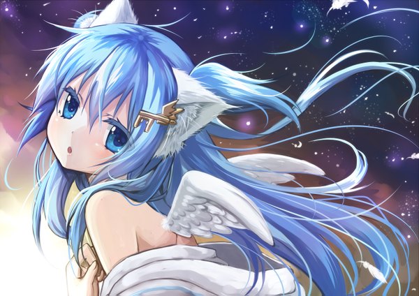 Anime picture 1400x991 with original mint (yano mitsuki) yano mitsuki single blush open mouth blue eyes bare shoulders animal ears blue hair sky cat ears :o hand on chest white wings girl hair ornament wings hairclip star (stars)