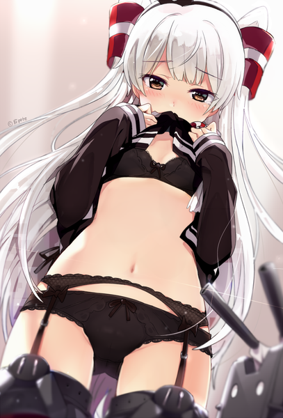 Anime picture 692x1020 with kantai collection amatsukaze destroyer rensouhou-kun ogipote single long hair tall image looking at viewer blush fringe breasts light erotic simple background standing holding brown eyes signed white hair blunt bangs blurry