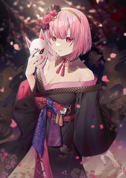 Anime picture 1131x1600 with virtual youtuber hololive hololive english mori calliope mori calliope (new year) wenz single tall image looking at viewer fringe short hair light erotic pink hair cleavage blunt bangs traditional clothes japanese clothes pink eyes from above official alternate costume