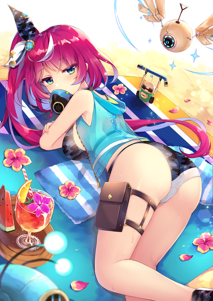 Anime picture 2894x4093 with dare ga tame no alchemist albea (dare ga tame no alchemist) ruhika single long hair tall image looking at viewer highres breasts light erotic green eyes pink hair outdoors ass lying multicolored hair two-tone hair streaked hair sleeveless beach