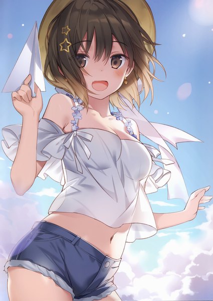 Anime picture 2440x3441 with original rie (reverie) single tall image looking at viewer blush fringe highres short hair open mouth smile hair between eyes brown hair standing brown eyes sky cloud (clouds) outdoors :d scan