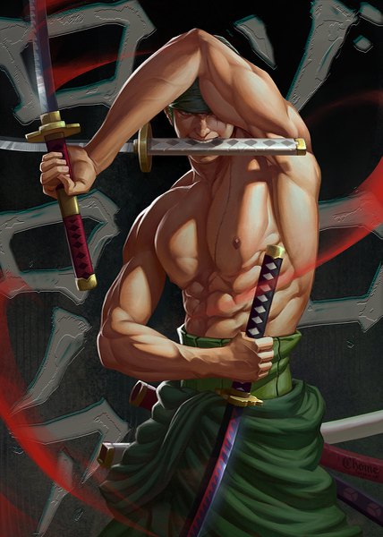 Anime picture 857x1200 with one piece toei animation roronoa zoro c home single tall image looking at viewer short hair standing holding green eyes signed arm up green hair teeth mouth hold hieroglyph dark background scar topless