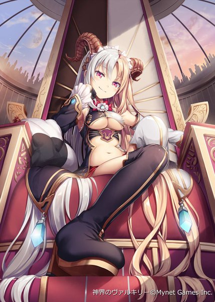 Anime picture 643x900 with shinkai no valkyrie senna (shinkai no valkyrie) akkijin single tall image looking at viewer blush fringe breasts light erotic blonde hair smile sitting purple eyes cleavage silver hair full body indoors very long hair long sleeves