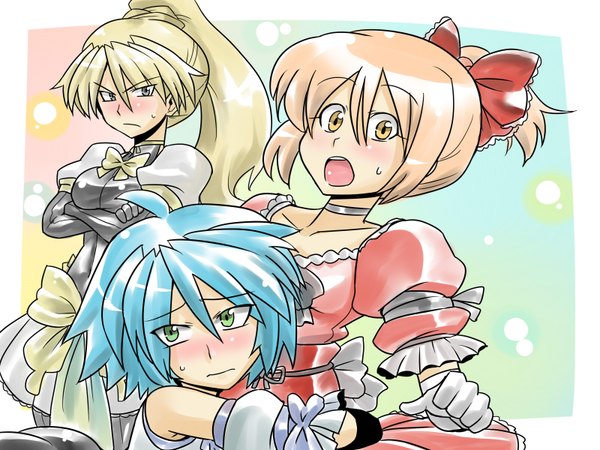 Anime picture 1600x1200 with tsuki wani long hair blush highres multiple girls hug girl dress gloves elbow gloves 3 girls