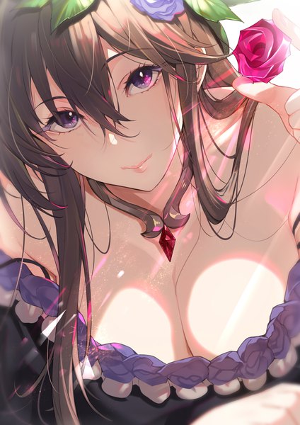 Anime picture 2893x4092 with granblue fantasy rosetta (granblue fantasy) kakage single long hair tall image blush fringe highres breasts blue eyes light erotic smile hair between eyes brown hair large breasts holding cleavage upper body head tilt