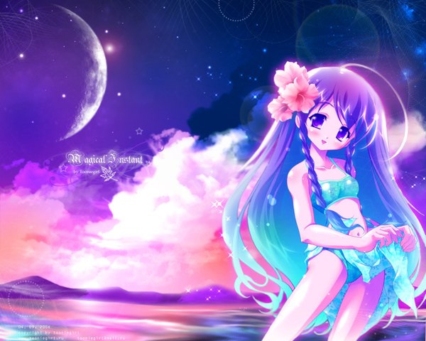 Anime picture 1280x1024 with kusui aruta single long hair looking at viewer blush fringe open mouth standing purple eyes bare shoulders holding purple hair cloud (clouds) head tilt hair flower inscription night night sky evening happy