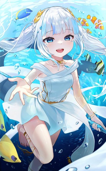 Anime picture 903x1449 with virtual youtuber hololive hololive english gawr gura gawr gura (3rd costume) nunsori single long hair tall image looking at viewer fringe open mouth blue eyes twintails payot silver hair blunt bangs :d bare legs official alternate costume