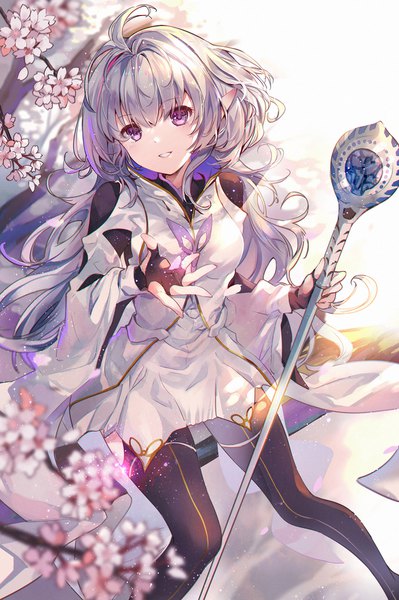 Anime picture 1500x2254 with fate (series) fate/grand order fate/prototype merlin (fate/prototype) kita (kitairoha) single long hair tall image looking at viewer fringe smile hair between eyes purple eyes silver hair ahoge grin cherry blossoms girl gloves fingerless gloves