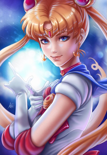 Anime picture 2769x4000 with bishoujo senshi sailor moon toei animation tsukino usagi sailor moon olga narhova artgerm (stanley lau) single long hair tall image looking at viewer fringe highres blue eyes blonde hair twintails upper body light smile lips realistic short sleeves