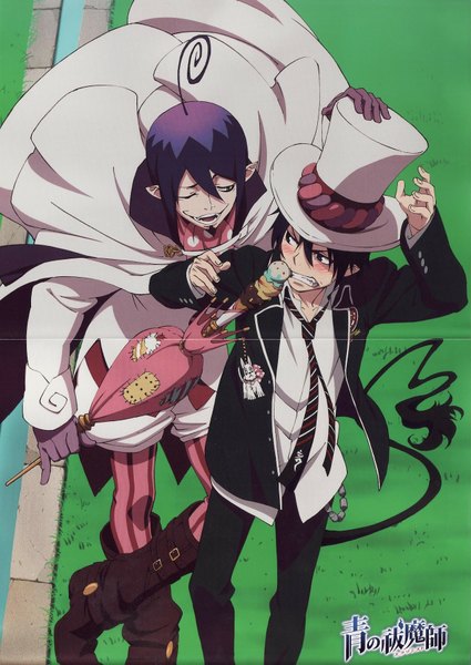 Anime picture 1274x1800 with ao no exorcist a-1 pictures okumura rin mephisto pheles tall image blush short hair open mouth blue eyes black hair smile standing ahoge tail one eye closed looking back pointy ears wink scan inscription