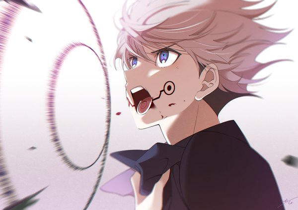 Anime picture 3400x2400 with jujutsu kaisen mappa inumaki toge sibato5 single highres short hair open mouth simple background purple eyes absurdres upper body grey hair tattoo looking up screaming boy blood