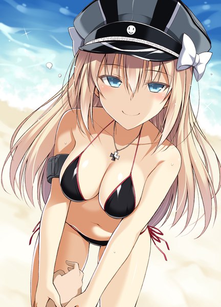 Anime picture 1295x1800 with kantai collection bismarck battleship oota yuuichi long hair tall image looking at viewer blush fringe breasts blue eyes light erotic blonde hair smile hair between eyes standing bare shoulders cleavage outdoors wet leaning