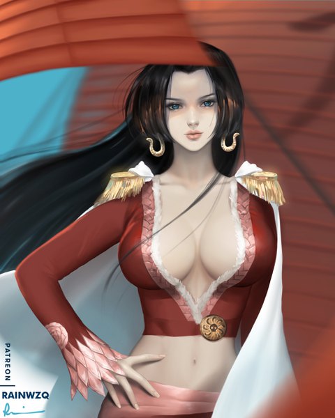Anime picture 2048x2560 with one piece toei animation boa hancock rainwzq single long hair tall image looking at viewer highres breasts blue eyes light erotic black hair large breasts standing signed cleavage long sleeves fingernails lips