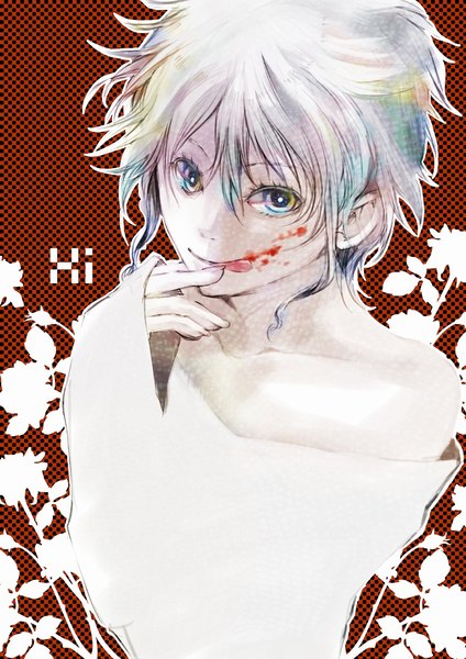 Anime picture 707x1000 with majin tantei nougami neuro kaito x umu single tall image looking at viewer fringe short hair simple background hair between eyes multicolored hair fingernails light smile character names licking multicolored eyes blood on face boy flower (flowers) tongue
