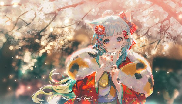 Anime picture 1540x880 with original say hana single long hair looking at viewer blush blue eyes smile wide image holding signed animal ears blue hair upper body ahoge traditional clothes japanese clothes wind cat ears new year